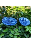 Transparent basic color oval glass flower with dark blue dots, for outdoor use, on a 43 cm steel stem