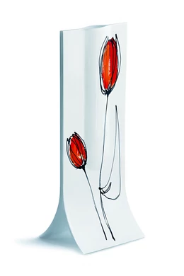 Fehér alapú piros tulipános váza 14x36 cm-es méretben