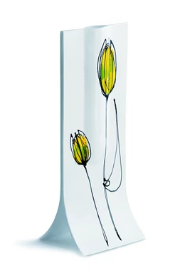 Fehér alapú zöld-sárga tulipános váza 14x36 cm-es méretben
