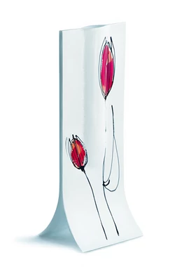 Fehér alapú encián-pink-tulipános váza14x36 cm-es méretben