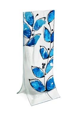 Transzparens alapú sötétkék-világoskék leveles váza 14x36 cm-es méretben