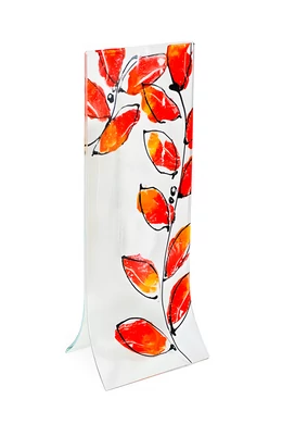 Transzparens alapú piros-narancs leveles váza 14x36 cm-es méretben