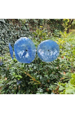 Nagy méretű 18 cm átmérőjű üveg virág kültérre transzparens- sötétkék-világoskék színben 100 cm -es rozsdamentes acélszáron