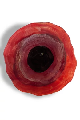 Nagy méretű, kézzel festett üvegvirág,  piros-fekete színállásban, kültéri használatra 50 cm-es acélszáron