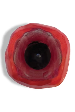 Közepes méretű, kézzel festett üvegvirág,  piros-fekete színállásban, kültéri használatra, 50 cm-es acélszáron