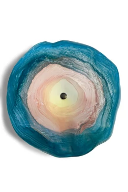 Közepes méretű, kézzel festett üvegvirág,  türkiz-pink színállásban, kültéri használatra, 1 m-es acélszáron