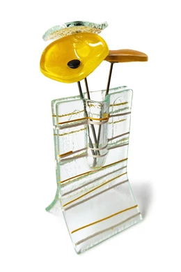 Small transparent 8x13 cm vase with yellow-white stripes and with 3 small flowers
