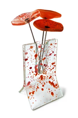 Kis méretű 8x13 cm-es pöttyös váza 3 darab kis virággal piros-narancs színállásban