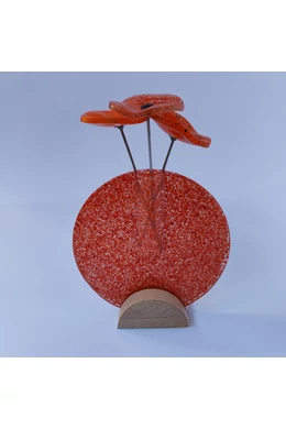 Kis kerek váza szett bükkfa talppal, 13 cm - átlátszó narancssárga piros