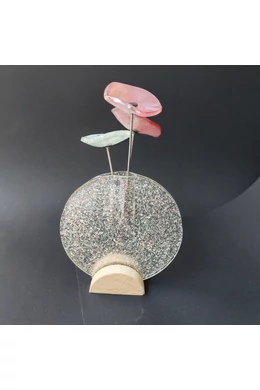 Kis kerek vázaszett bükkfa talppal, 13 cm - átlátszó rózsaszín-fehér