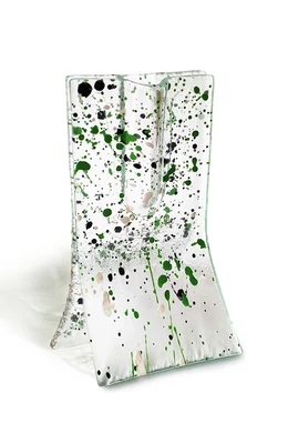 Small 8x13 cm transparent vase with green-white-black spots