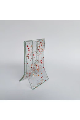 Small 8x13 cm transparent vase with light red-orange-white spots