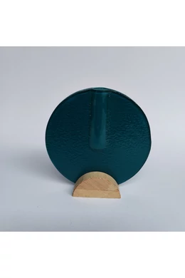 Kis kerek váza bükkfa talppal, 13cm - türkiz