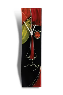 Cubist face pattern glass clock, burn-in technique. Black-orange color scheme. Size 10x41