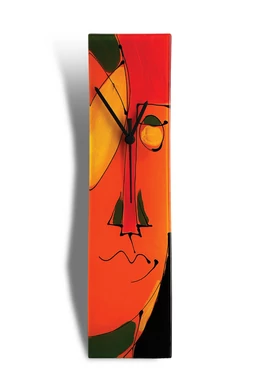 Cubist face pattern glass clock, burn-in technique. Red-orange color scheme. Size 10x41