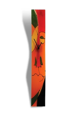 Cubist face pattern glass clock, burn-in technique. Red-orange color scheme. Size 10x70