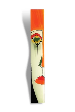 Cubist face pattern glass clock, burn-in technique. White-orange color scheme. Size 10x70