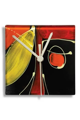 Cubist face pattern glass clock, burn-in technique. Black-orange color scheme. 13x13 size