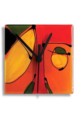 Cubist face pattern glass clock, burn-in technique. Red-orange color scheme. 13x13 size