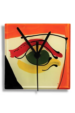 Cubist face pattern glass clock, burn-in technique. White-orange color scheme. 13x13 size