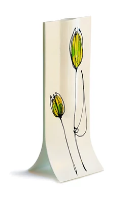 Fehér alapú zöld-sárga-tulipános váza14x36 cm-es méretben