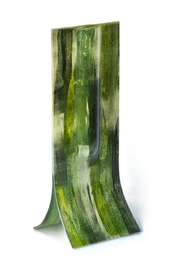 Glass vase made with burn-in technique in moss and grass green color scheme, 14x36 cm
