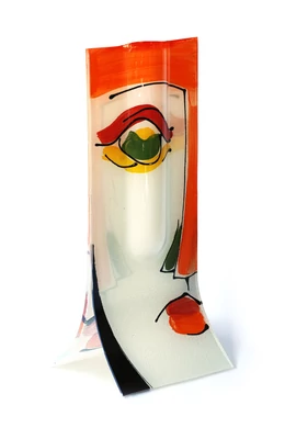 Glass vase made using the burn-in technique in a white and orange color scheme reminiscent of a cubist face, 14x36 cm