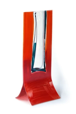 Glass vase made with burn-in technique, red-orange, transparent color on the axis, 14x36 cm