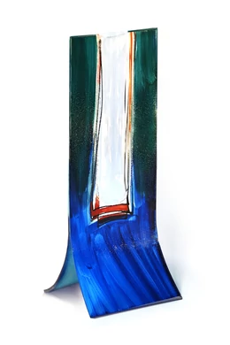 Glass vase made with burn-in technique, dark blue-red, transparent color in the axis, 14x36 cm