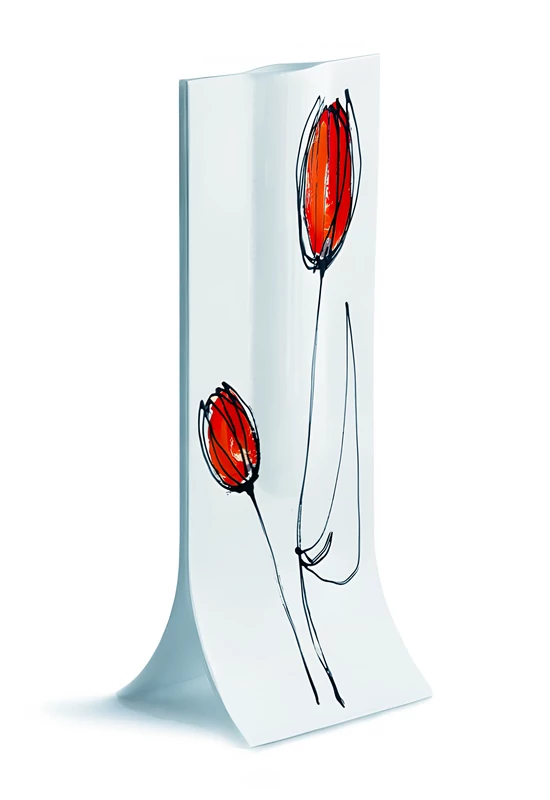 Vase with white base, red-orange tulip design in 14x36 cm size
