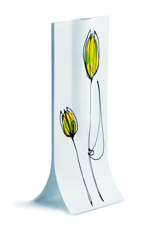 Vase with white base, green-yellow tulip design in 14x36 cm size