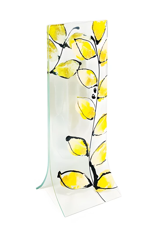 Vase with transparent base, yellow-gold leaf design in 14x36 size
