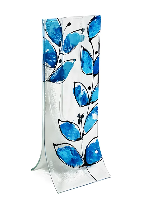 Vase with transparent base, dark blue-light blue leaf design in 14x36 cm size