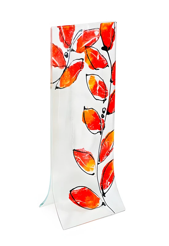 Vase with transparent base, red-orange leaf design in 14x36 cm size