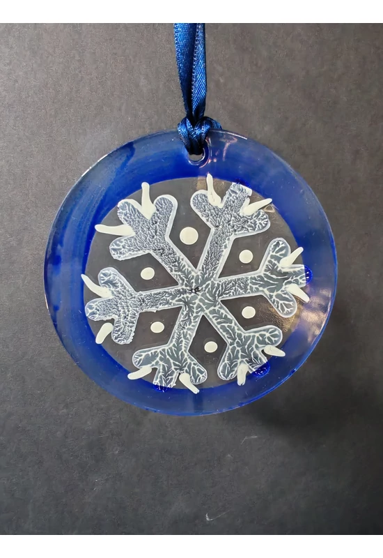 Blue hand-painted snowflake-shaped glass ornament