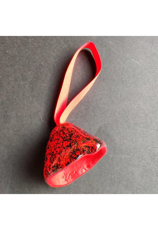 Large red-black glass bell on elegant ribbon hanger