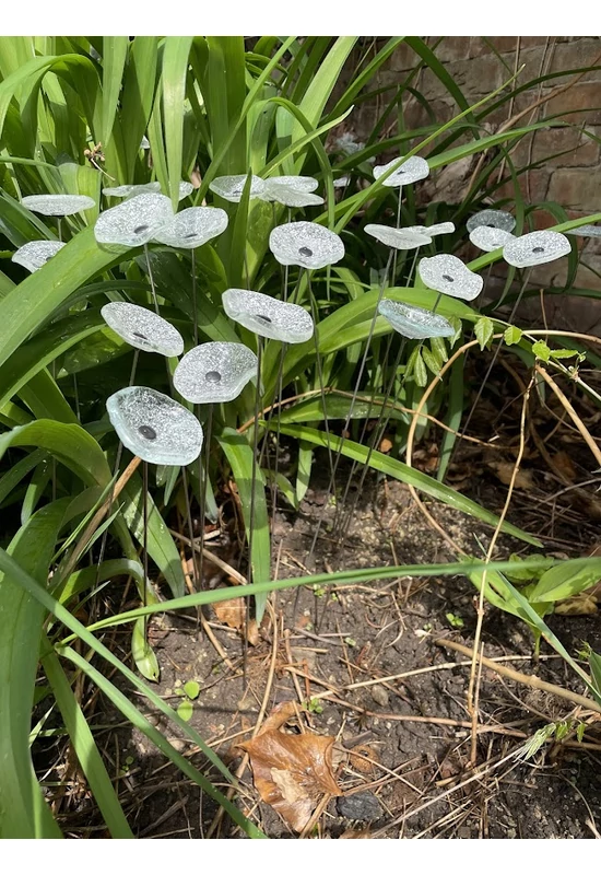 Kis méretű kerek üveg virág kültérre transzparens- fehér színben 43 cm -es rozsdamentes acélszáron