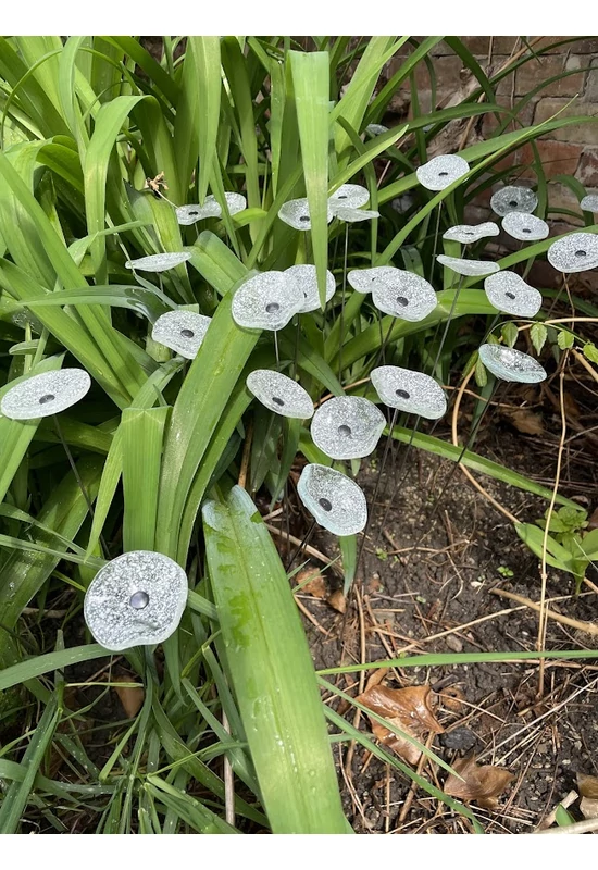 Kis méretű kerek üveg virág kültérre transzparens- fehér színben 43 cm -es rozsdamentes acélszáron
