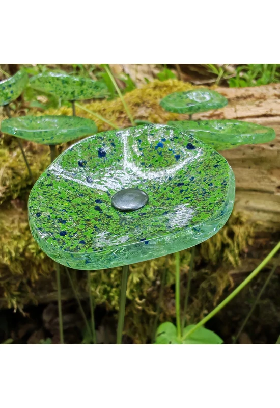 Round small glass flower for outdoor use in transparent, green, dark blue colour with 43 cm stainless steel stem
