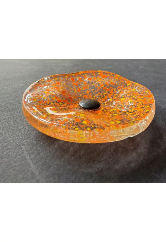 Kis méretű kerek üveg virág kültérre transzparens- citromsárga-narancssárga színben 43 cm -es rozsdamentes acélszáron