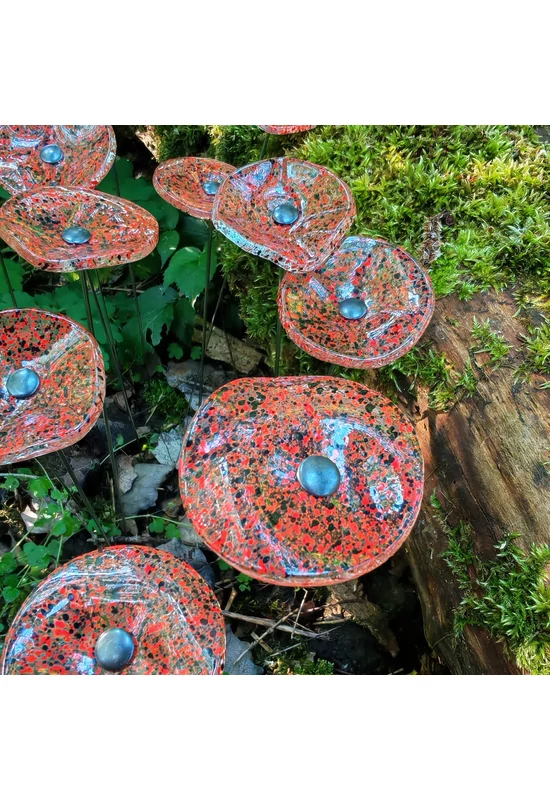 Round small glass flower for outdoor use in transparent, black, red colour with 43 cm stainless steel stem