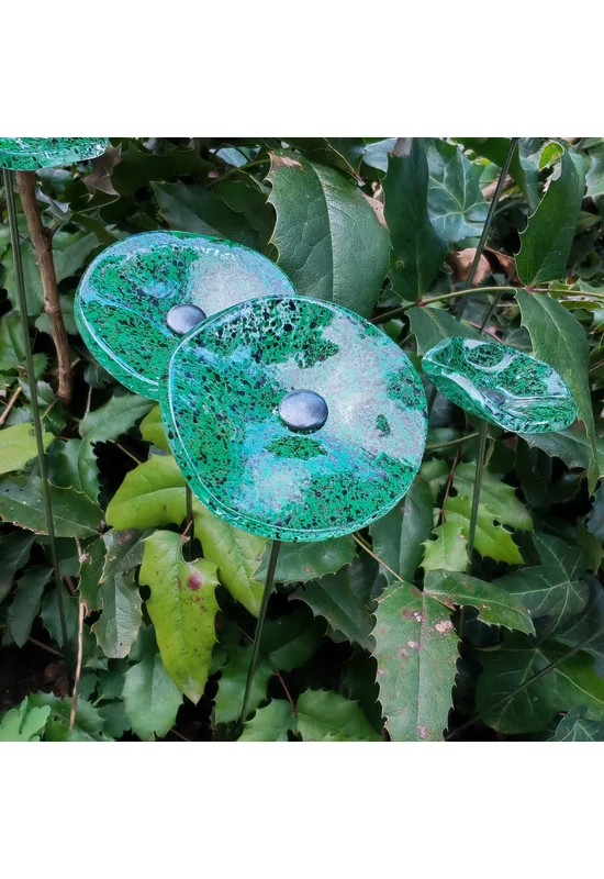 Kis méretű kerek üveg virág kültérre transzparens- zöld-fekete színben 43 cm -es rozsdamentes acélszáron