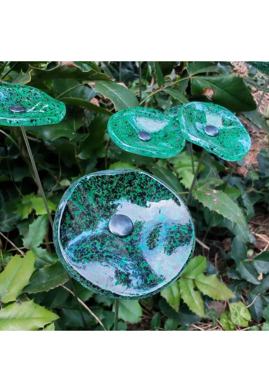 Kis méretű kerek üveg virág kültérre transzparens- zöld-fekete színben 43 cm -es rozsdamentes acélszáron