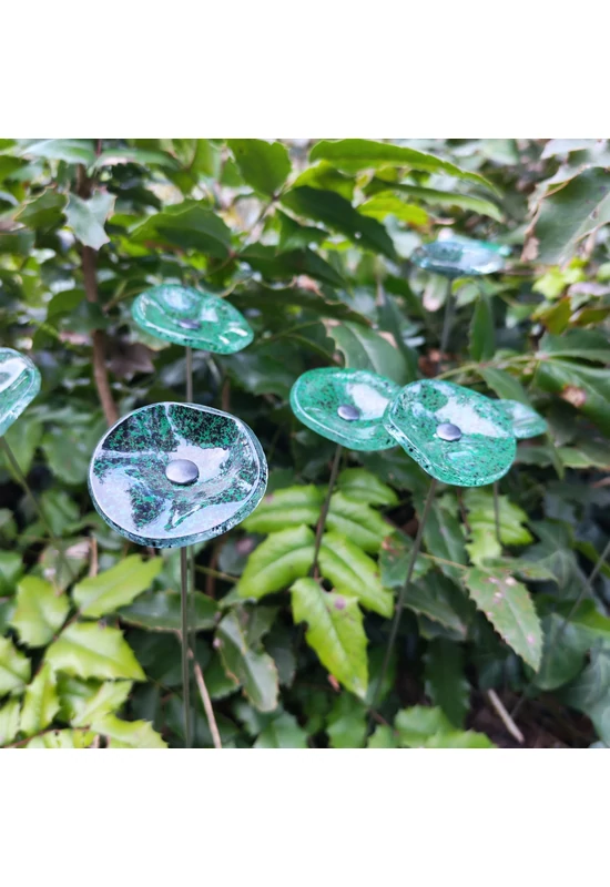 Kis méretű kerek üveg virág kültérre transzparens- zöld-fekete színben 43 cm -es rozsdamentes acélszáron