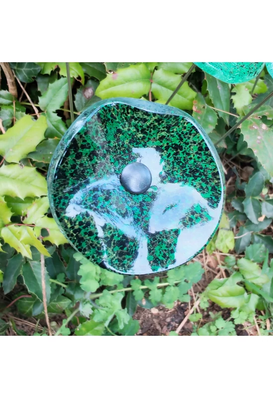 Kis méretű kerek üveg virág kültérre transzparens- zöld-fekete színben 43 cm -es rozsdamentes acélszáron