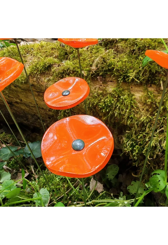 Round small glass flower for outdoor use in orange colour with 43 cm stainless steel stem