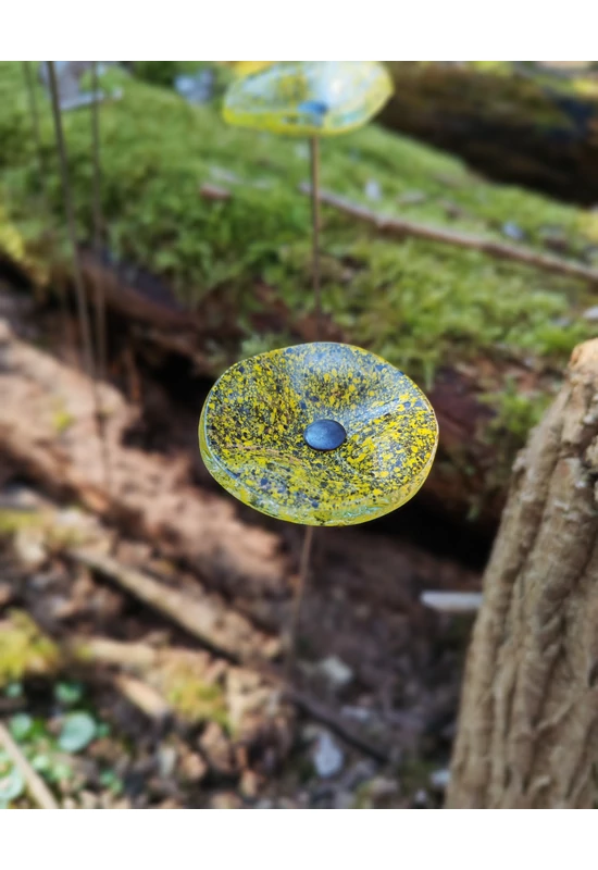 Kis méretű kerek üveg virág kültérre transzparens- sárga-fekete színben 43 cm -es rozsdamentes acélszáron