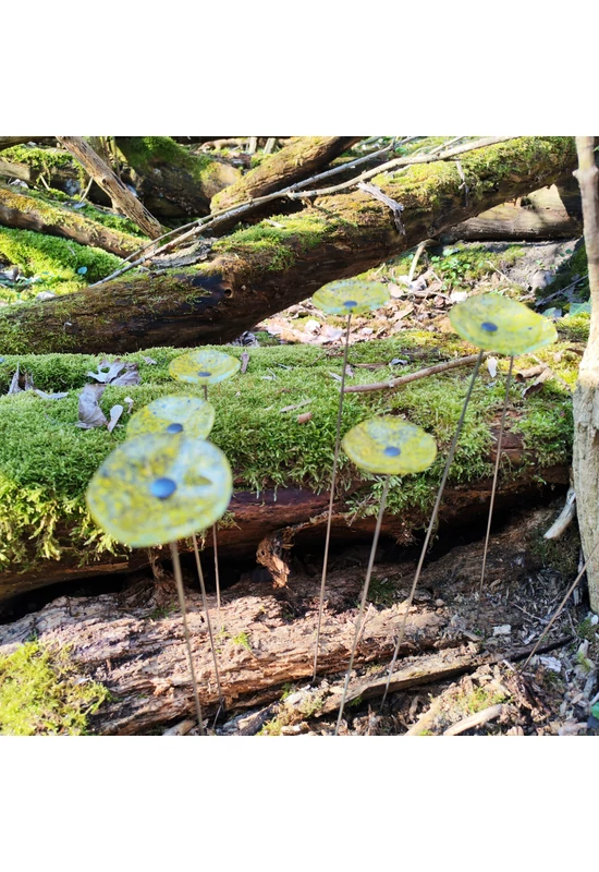 Kis méretű kerek üveg virág kültérre transzparens- sárga-fekete színben 43 cm -es rozsdamentes acélszáron