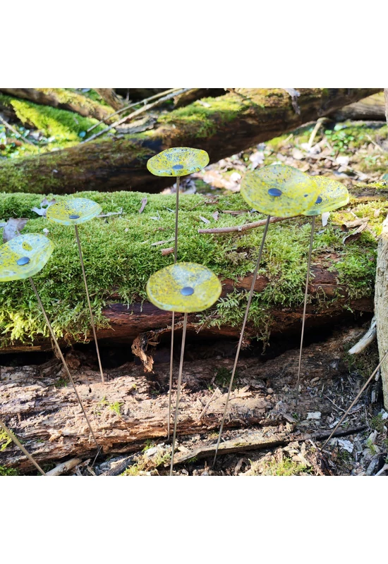 Kis méretű kerek üveg virág kültérre transzparens- sárga-fekete színben 43 cm -es rozsdamentes acélszáron