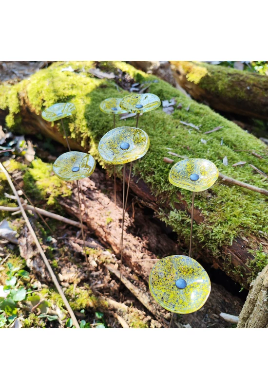 Kis méretű kerek üveg virág kültérre transzparens- sárga-fekete színben 43 cm -es rozsdamentes acélszáron